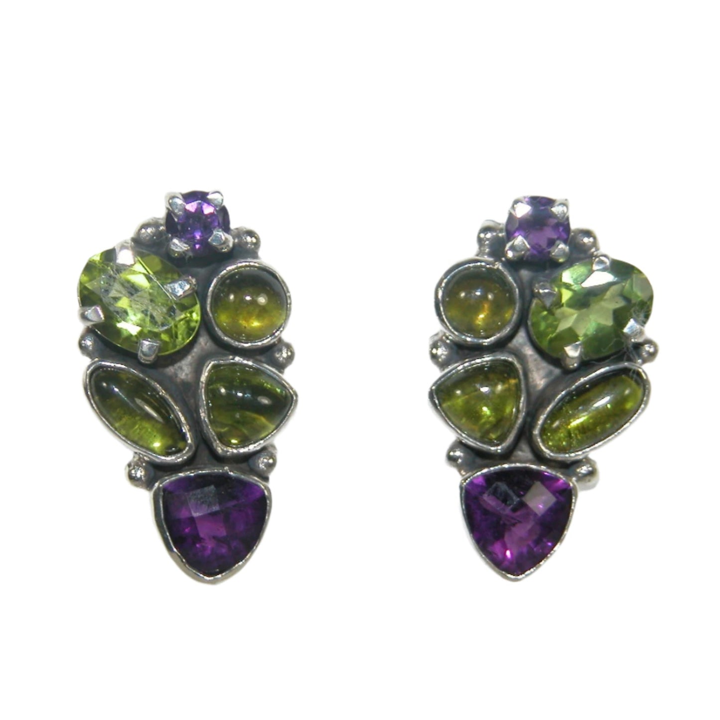 32701 Amethyst Peridot Sterling Silver Cluster Earrings