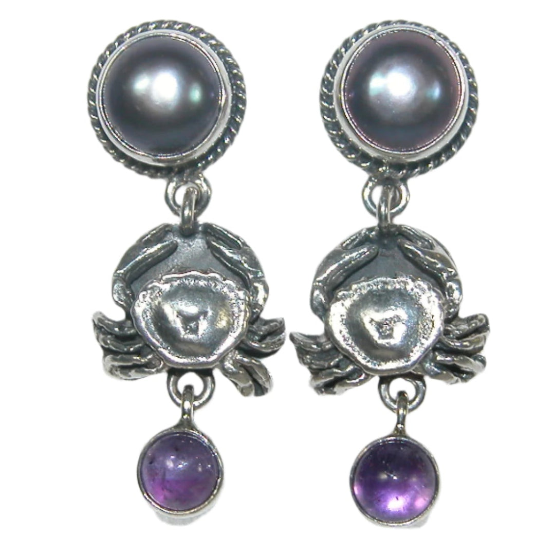 32713 Amethyst Pearl Crab Sterling Silver Dangle Earrings