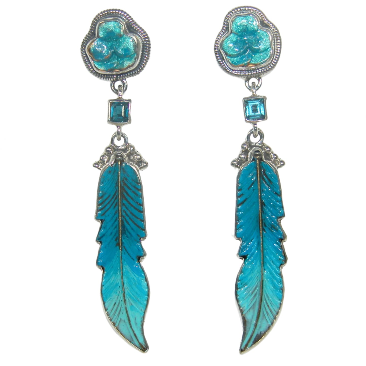 32719 Blue Topaz and Hand Enameled Feathers Sterling Silver Earrings