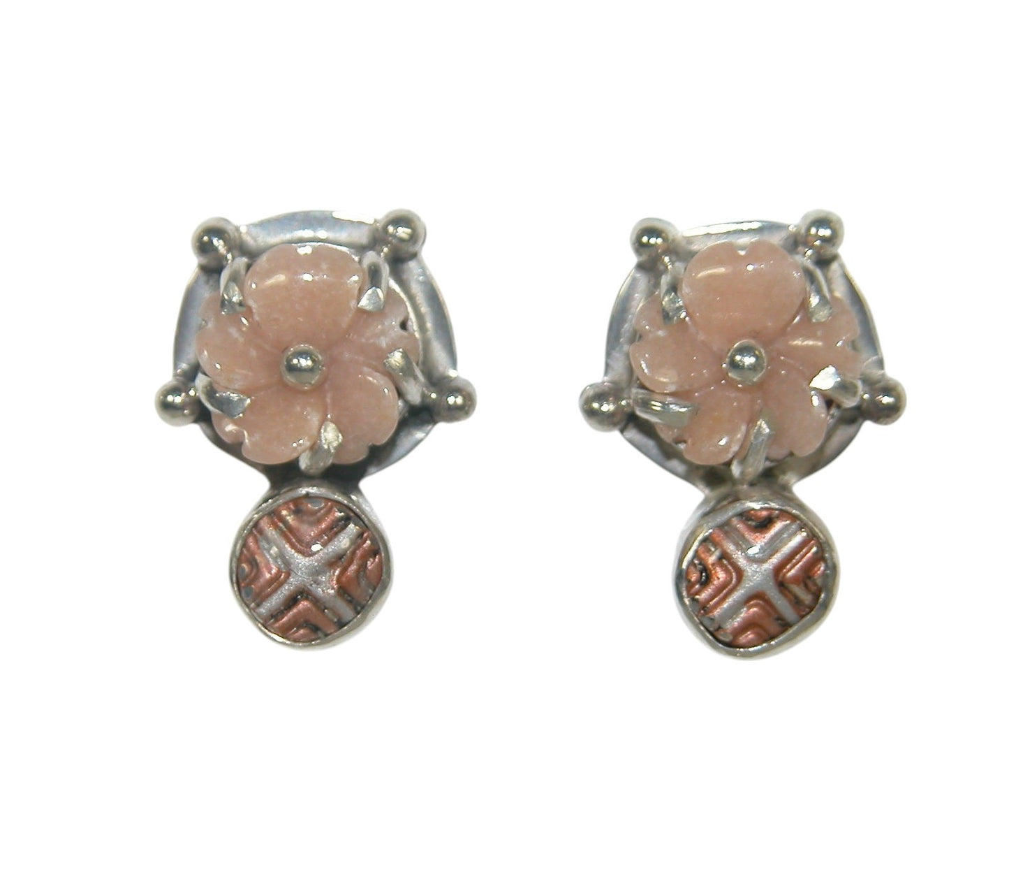 32726 Peach Aventurine Carved Flower Enamel Sterling Earring