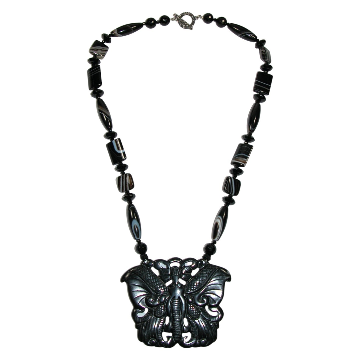 32750 Carved Black Onyx Butterfly Beaded Sterling Silver Necklace