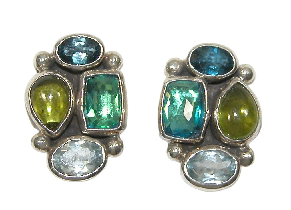 32752 Blue Topaz, Peridot, Quartz, Sterling Silver Cluster Earrings
