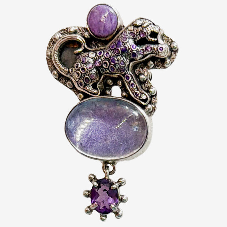 32761 Hand-Enameled Wild Cat, Amethyst, Sugilite & Quartz Pin / Pendant