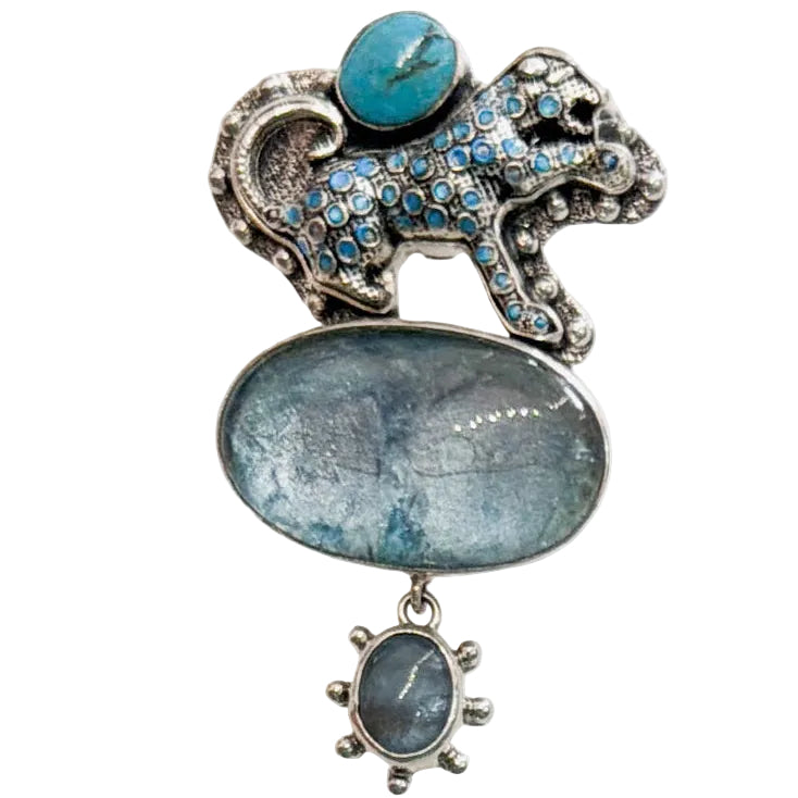 32761D Hand-Enameled Wild Cat, Turquoise Pin / Pendant