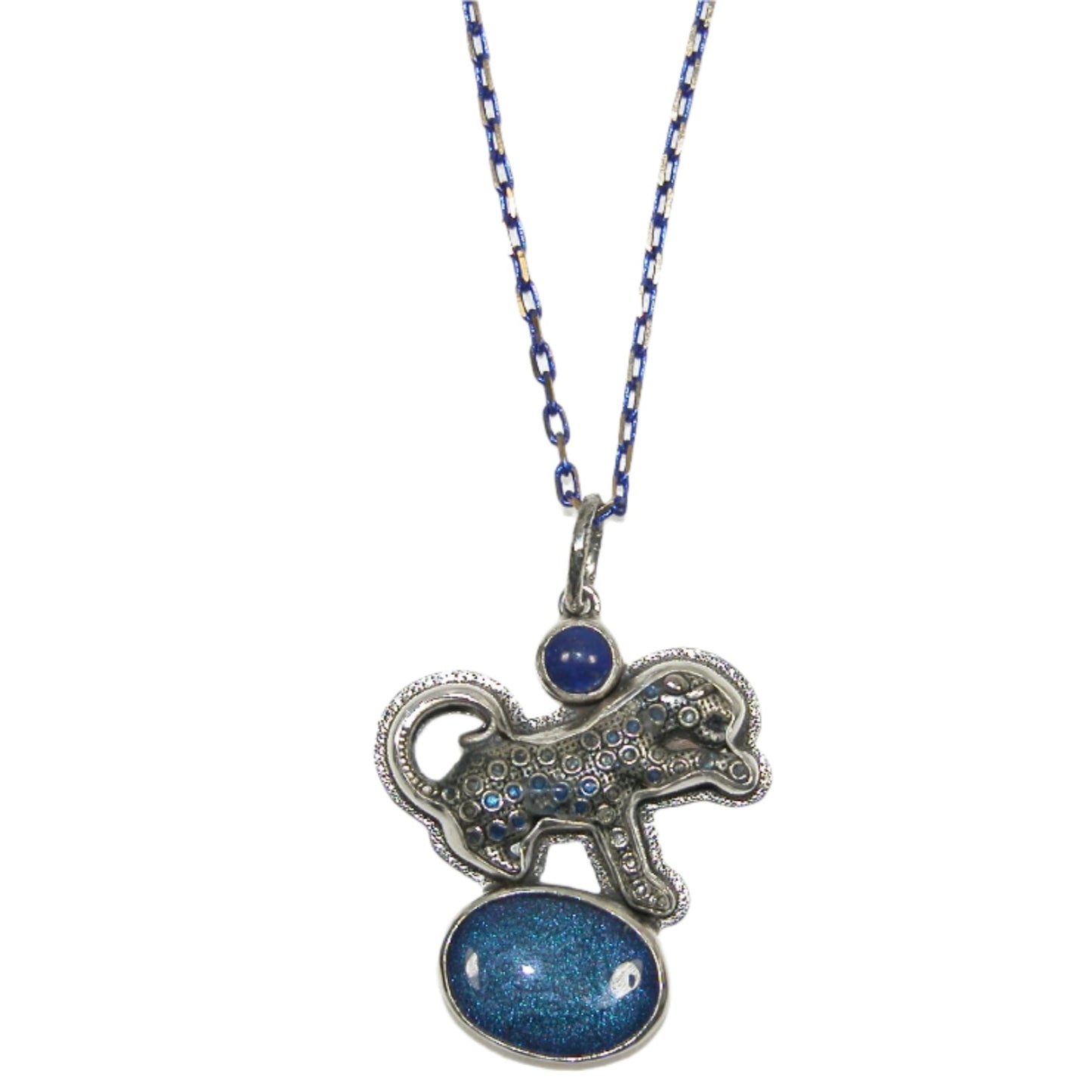 32776A Hand Enamel Cheetah Blue Lapis Sterling Silver Necklace