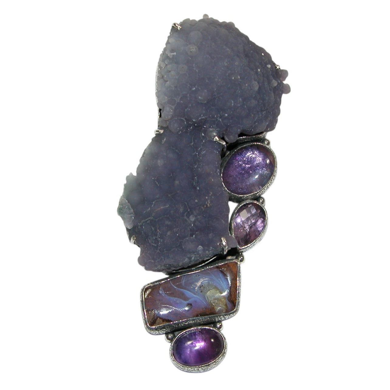 32777 Grape Agate, Boulder Opal, Amethyst, Sterling Silver Pin Pendant