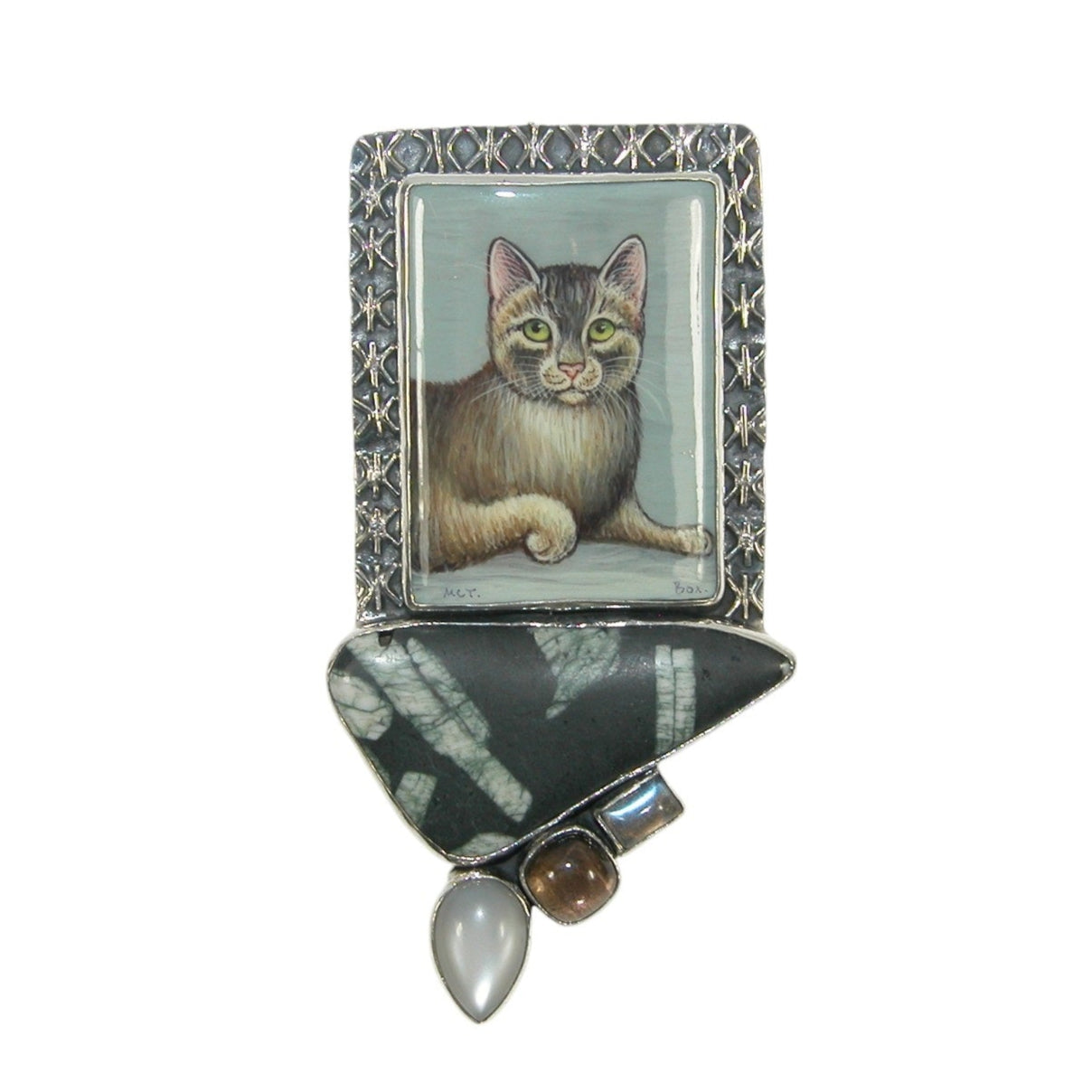 32779 Hand Painted Cat, Onyx, Labradorite Sterling Silver Pin and Pendant