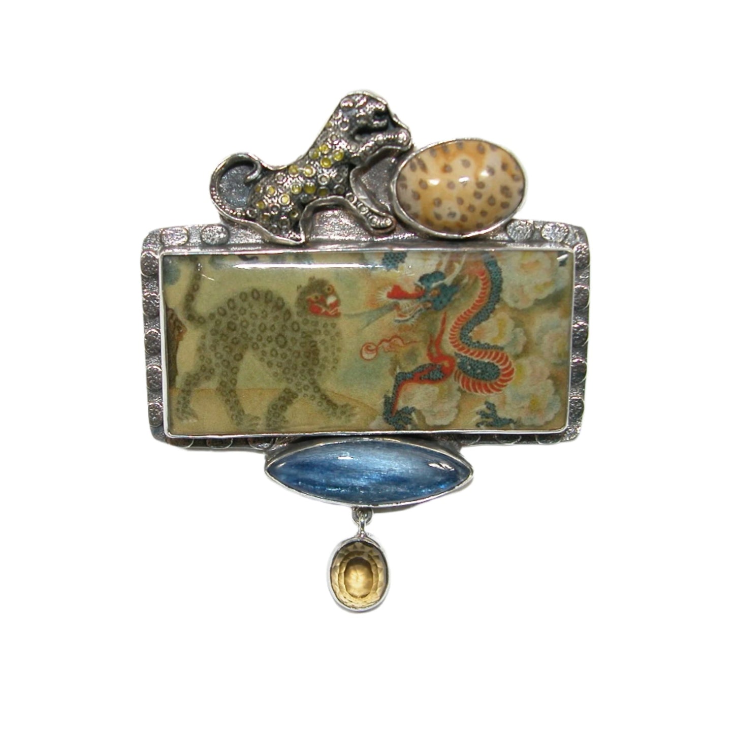 32783 Quartz, Kyanite, Fossilized Coral with Handmade Leopard Tile Sterling Silver Pin Pendant