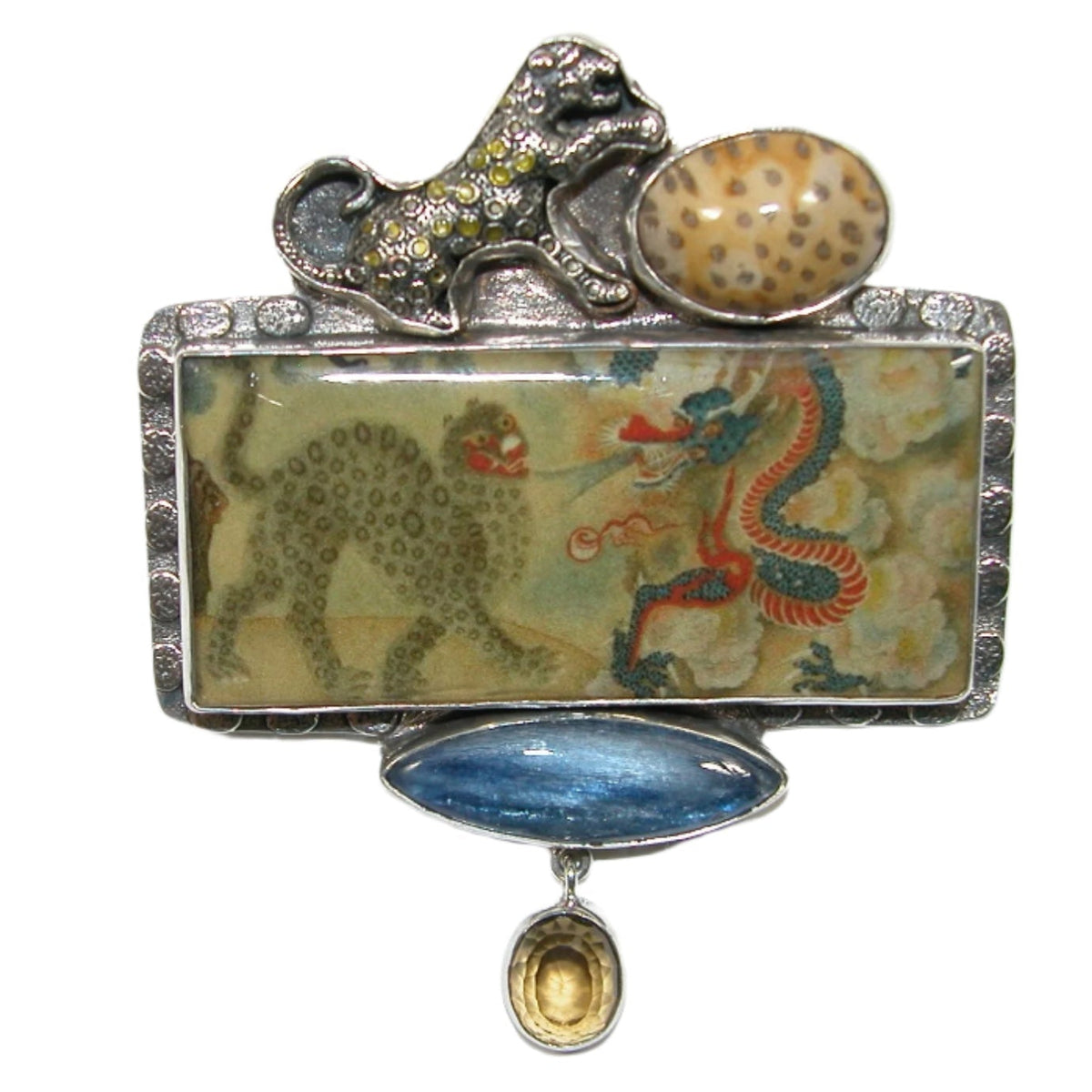 32783 Handmade sterling silver leopard, Handmade Tile, petrified palmwood, Kyanite quartz, citrine
