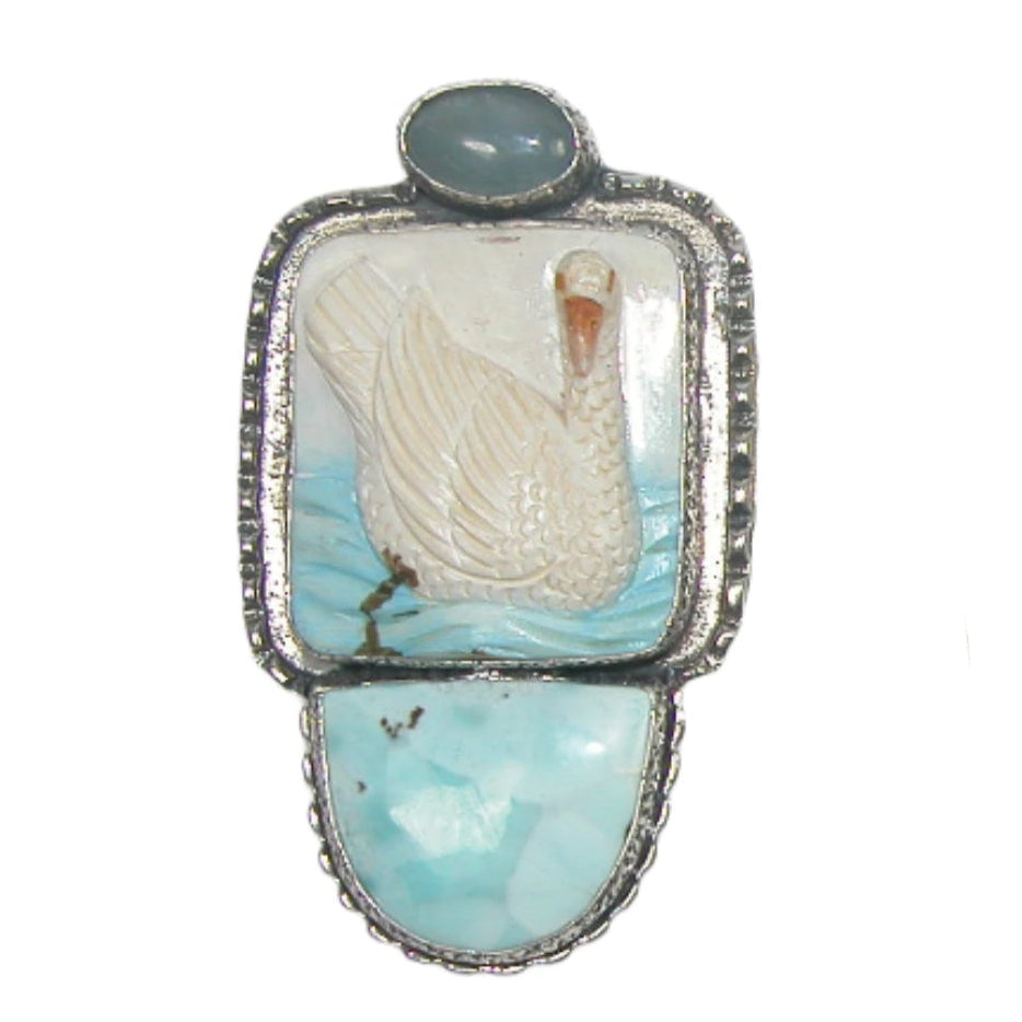 32787 Hand Carved Bone Swan Sterling Silver Pin / Pendant