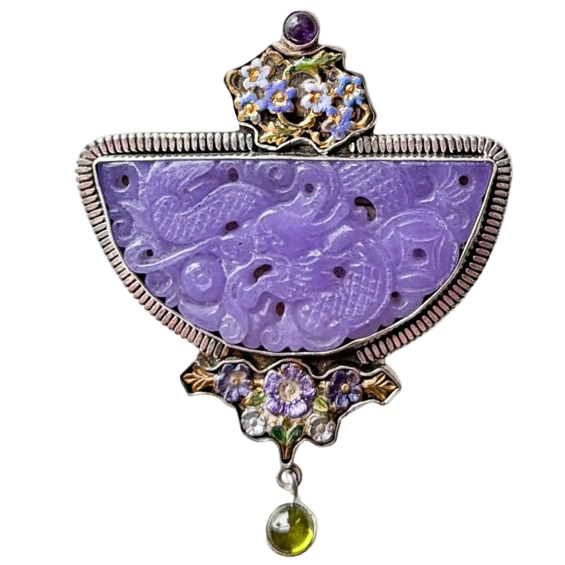 32788 Quartz, Amethyst, Peridot, Hand-Enameled Floral Pin / Pendant