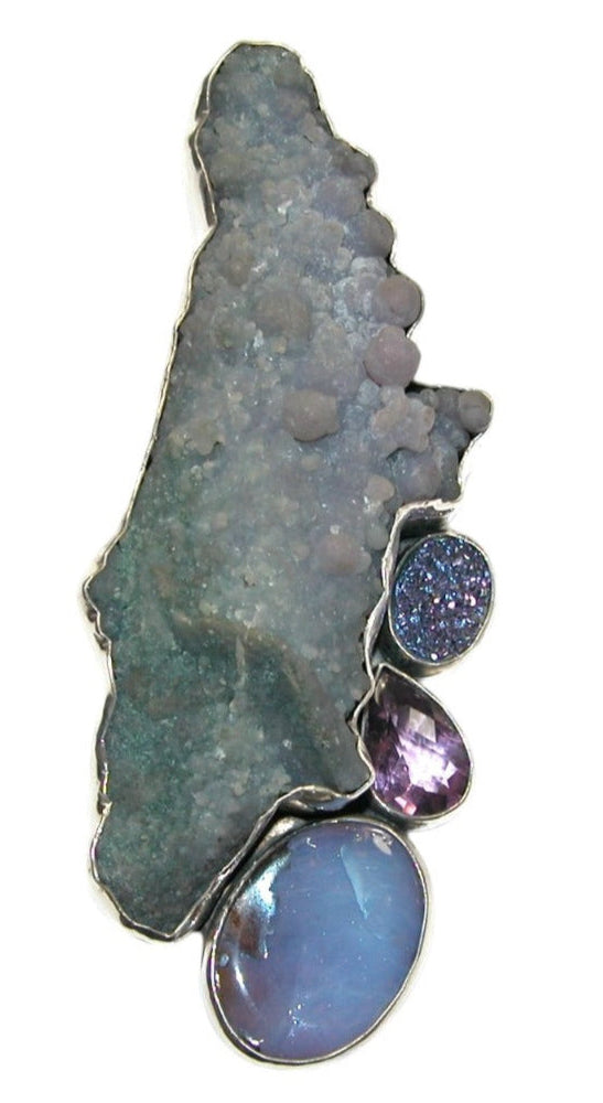 32803 Collectors Grape Agate, Boulder Opal, Brazilian Agate Druzy with Titanium, Amethyst Pin and Pendant