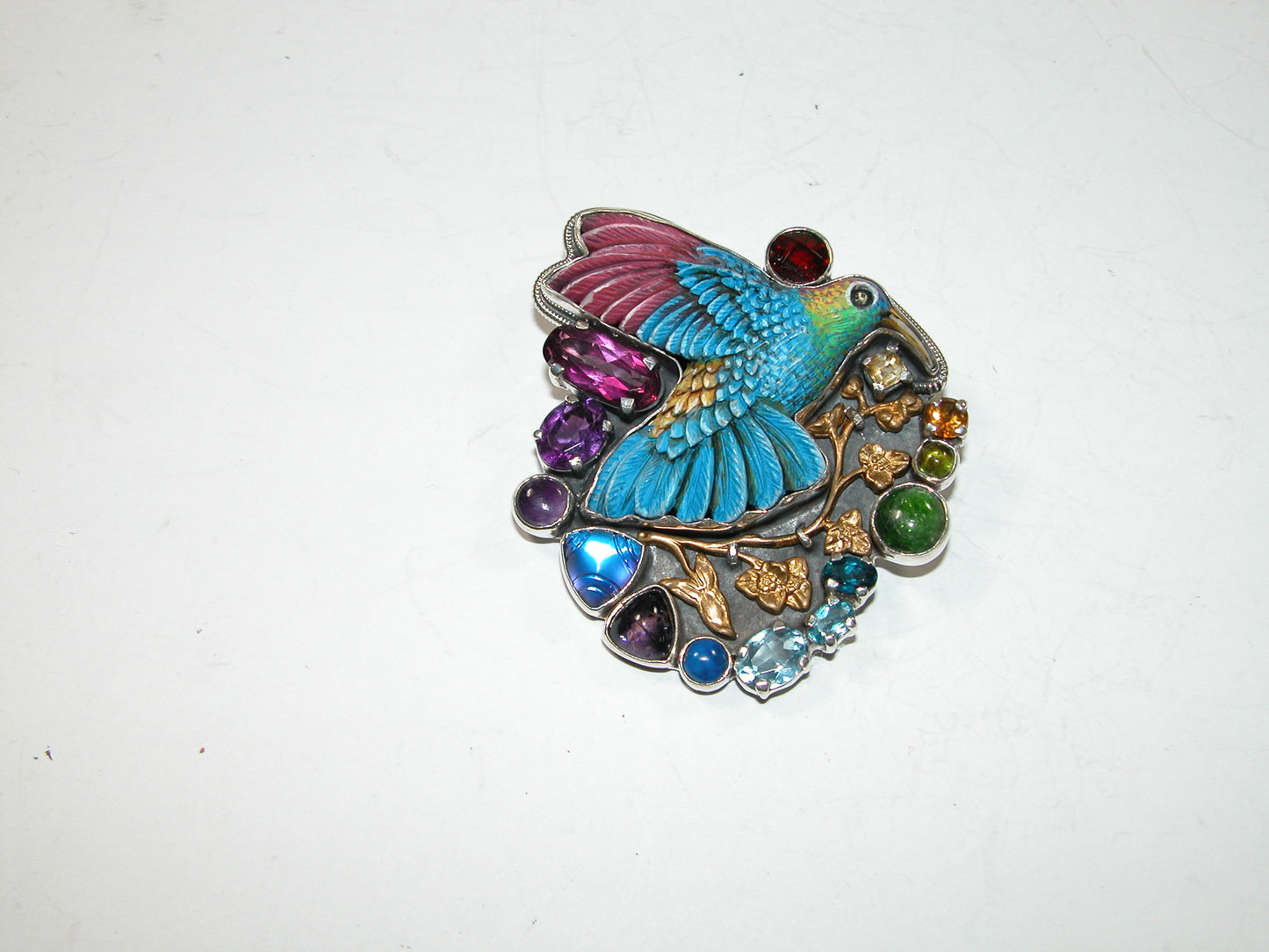 32805 Hand Carved Bone, Multi Stone, Sterling Silver Pin Pendant