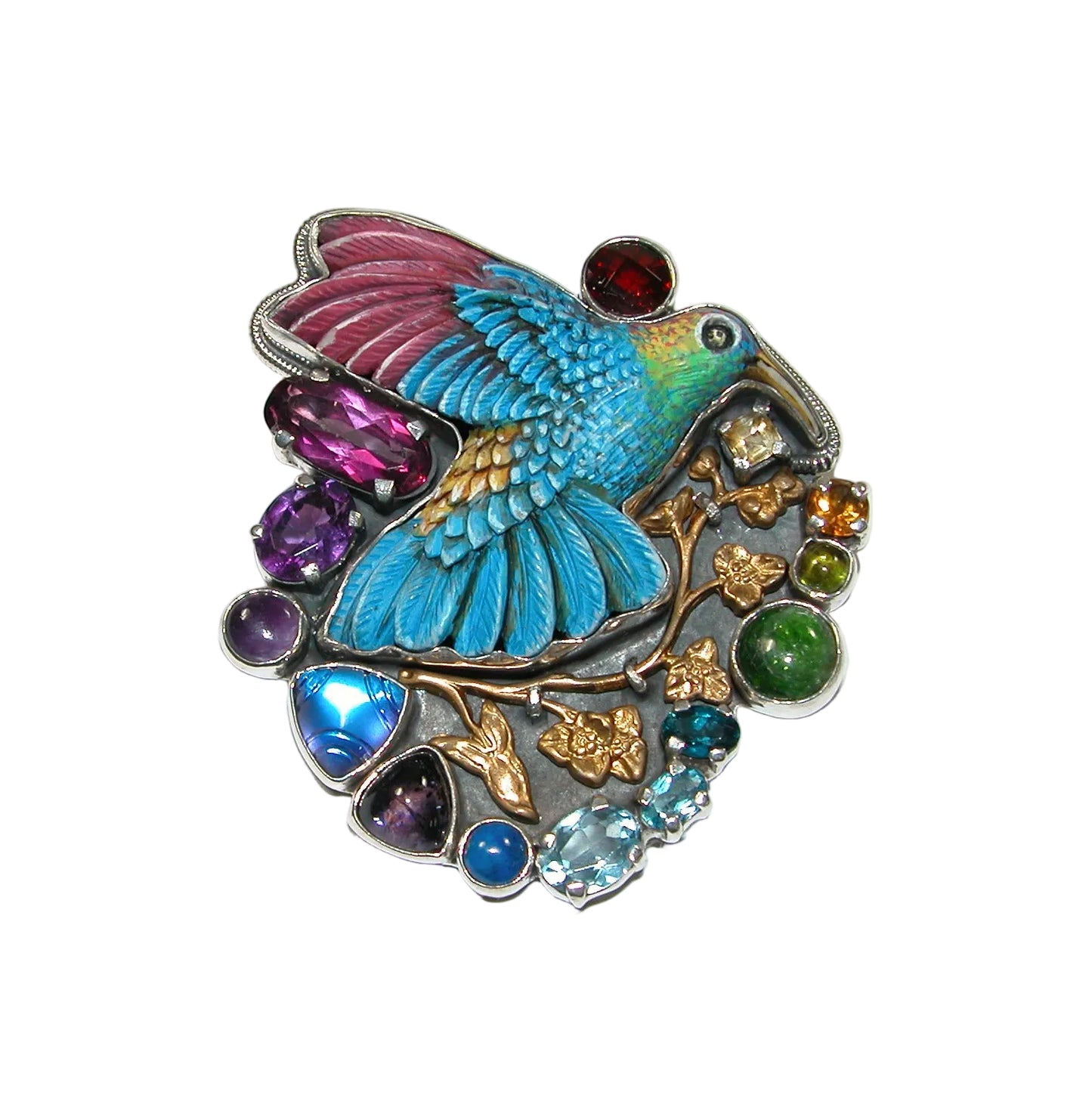 32805 Hand Carved Bone, Multi Stone, Sterling Silver Pin Pendant