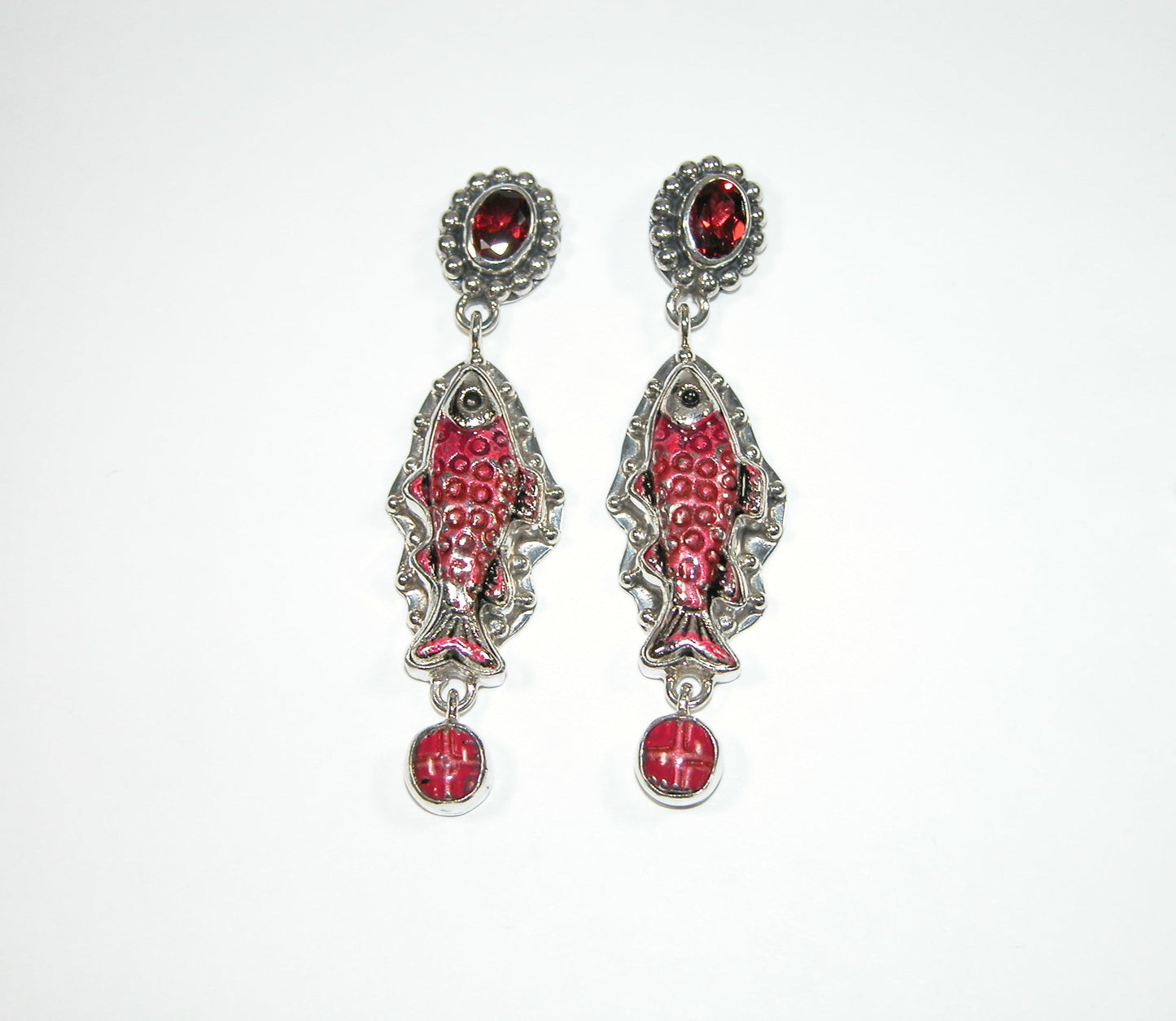32817A Hand Enameled Fish, Pink Topaz, Sterling Silver Earrings