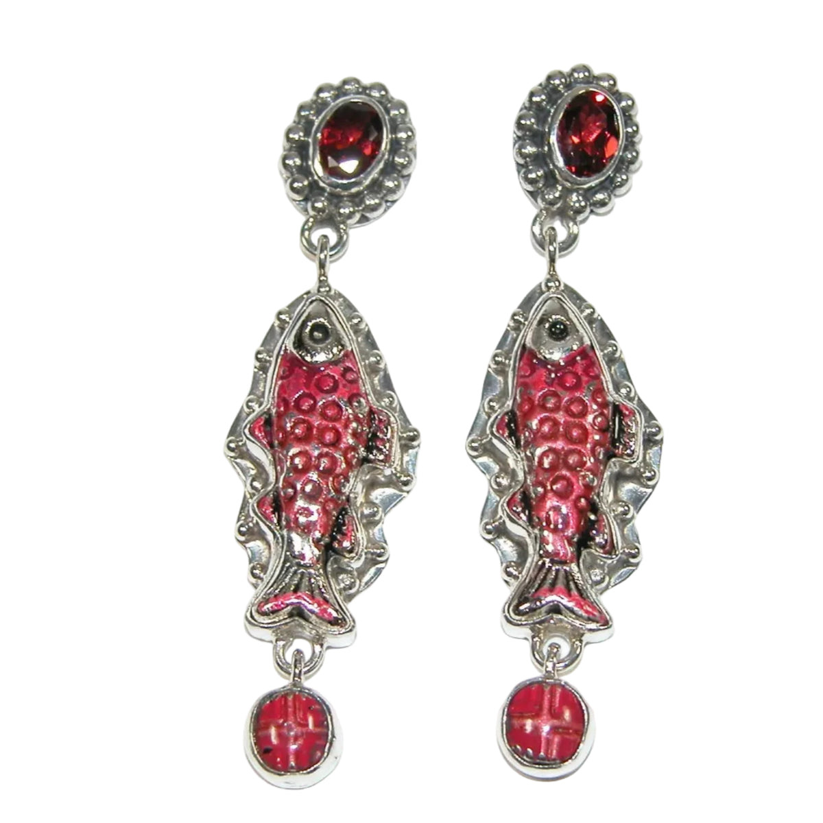 32817A Hand Enameled Fish, Pink Topaz, Sterling Silver Earrings