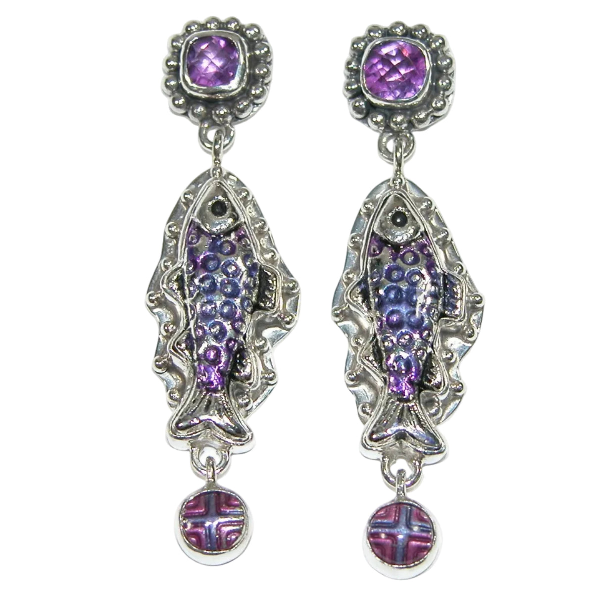 32817B Amethyst Hand Enameled Dangling Fish Sterling Silver Earrings