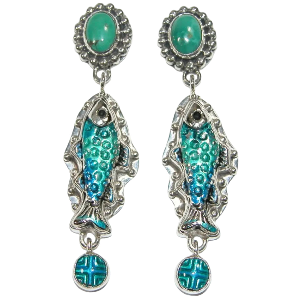 32817C Turquoise Hand Enameled Dangling Fish Sterling Silver Earrings