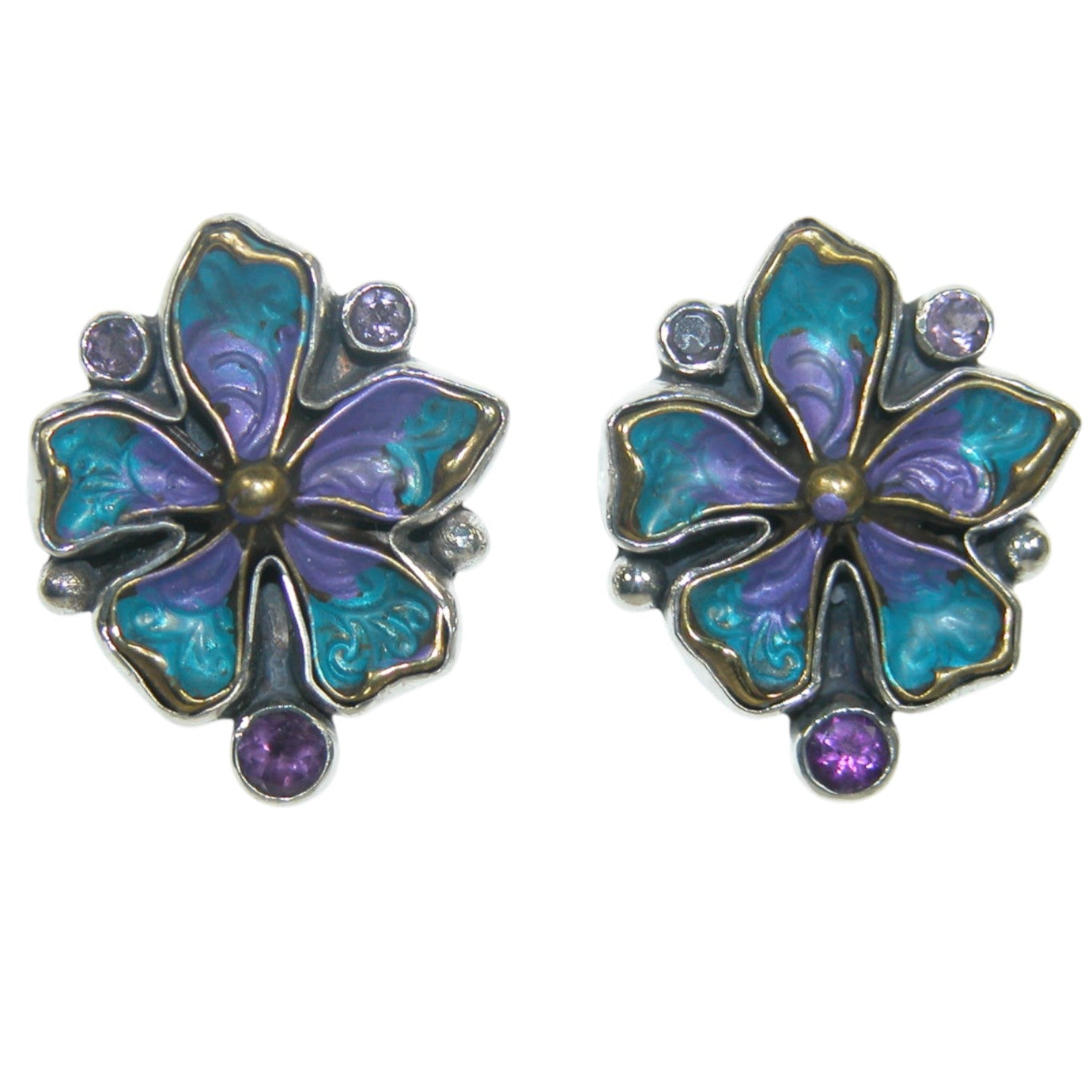 32819E Purple and Blue Hand Enameled Flower with Amethyst Sterling Silver Earrings