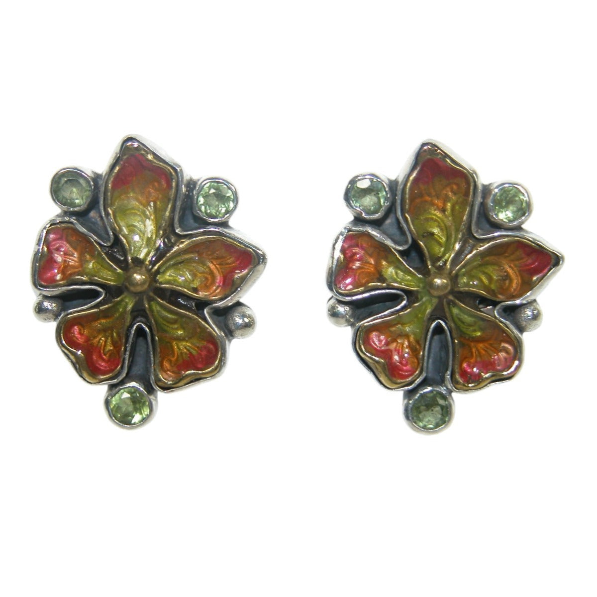 32819C Hand Enameled Flower with Peridot Sterling Silver Earrings
