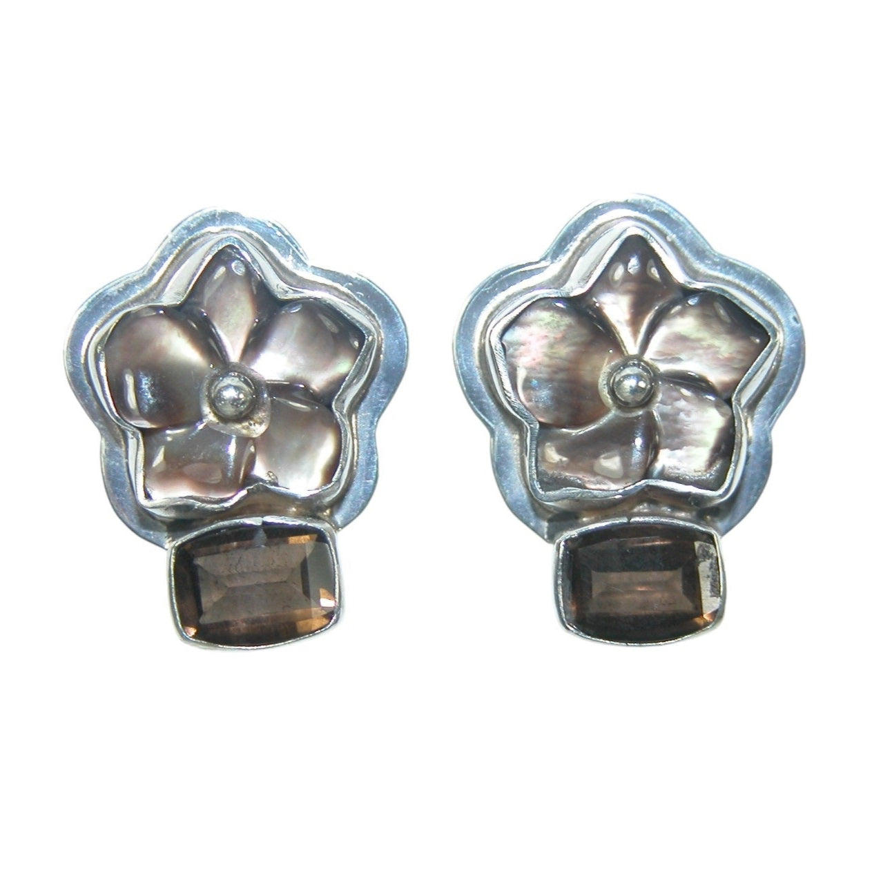 32827 Mother of Pearl Smokey Quartz Flower Sterling Silver Stud Earrings