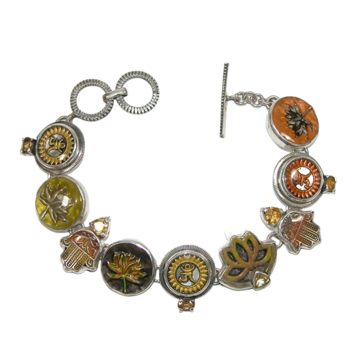 32834 Orange and Yellow Ohm Zen Sterling Silver Bracelet