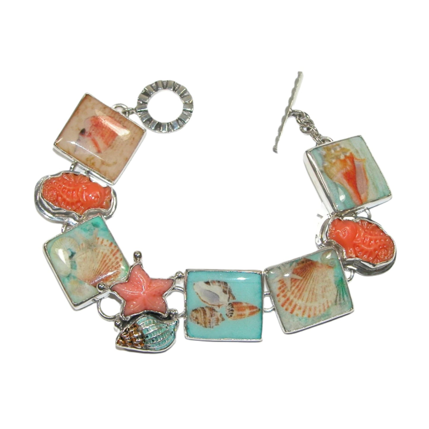 32857 Sea Life Shell Enamel Tile Sterling Silver Bracelet