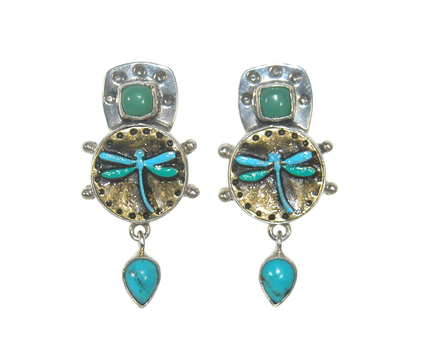 32871C Green Aventurine, Turquoise, Enameled Dragonfly, Sterling Silver Earrings
