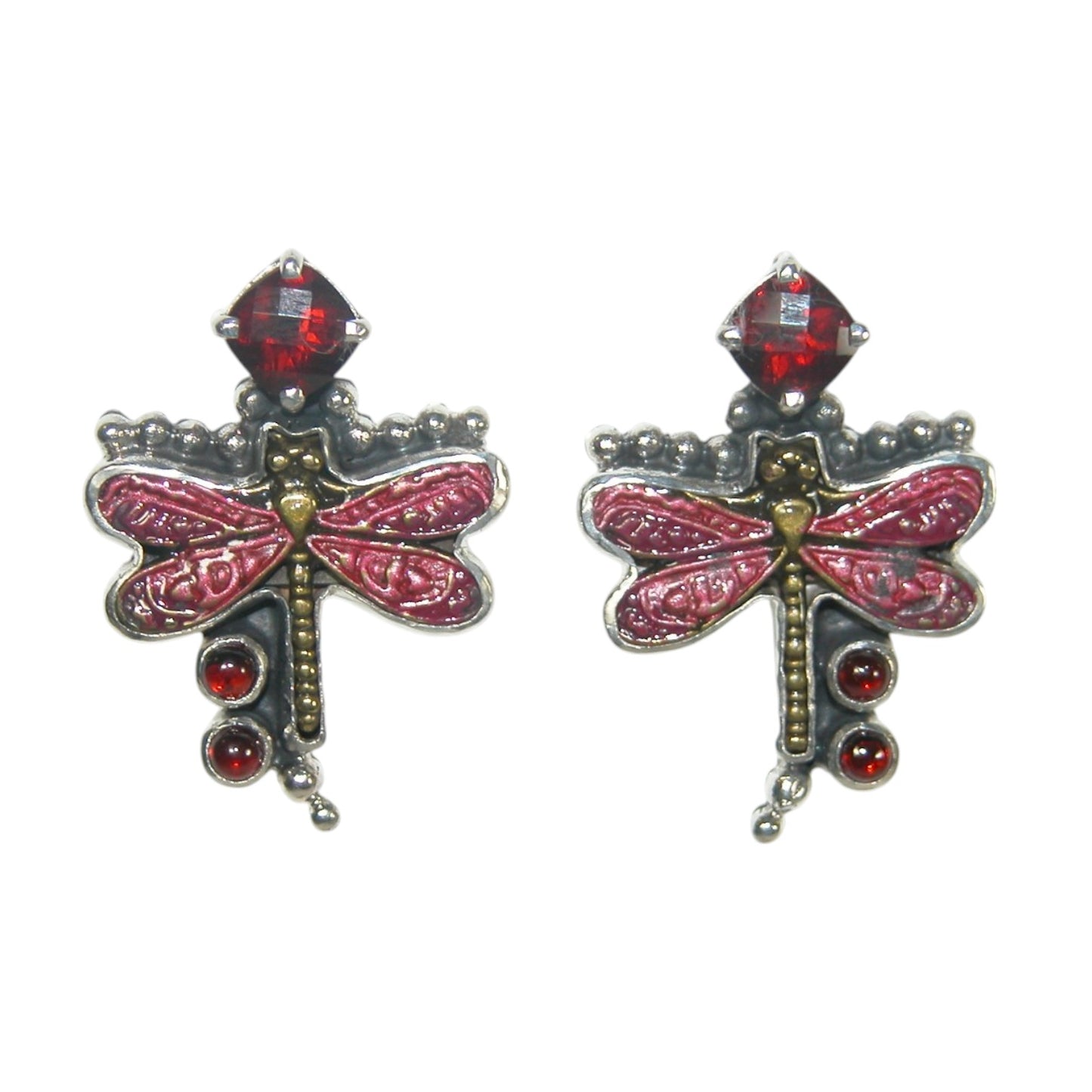 32872A Garnet Enameled Dragonfly Sterling Silver Earrings