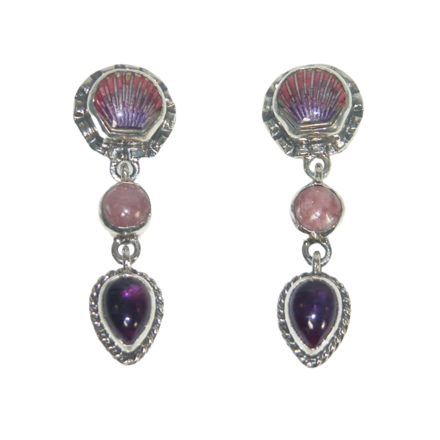 32875 Enameled Seashell Amethyst Sterling Silver Drop Earrings