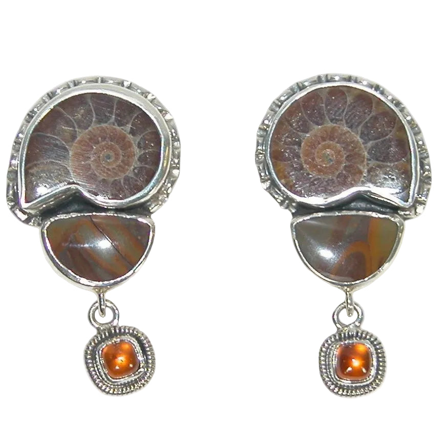 32876 Ammonite Fossil, Peanut Wood, Hessonite Earrings