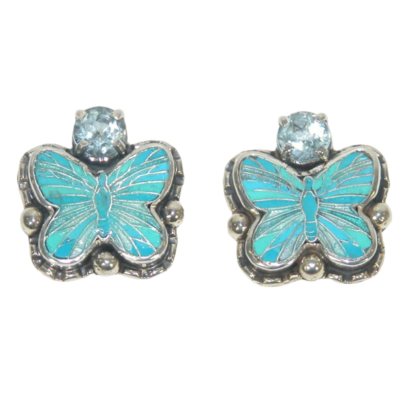32878 Aquamarine and Hand Enamel Butterflies Sterling Silver Earrings