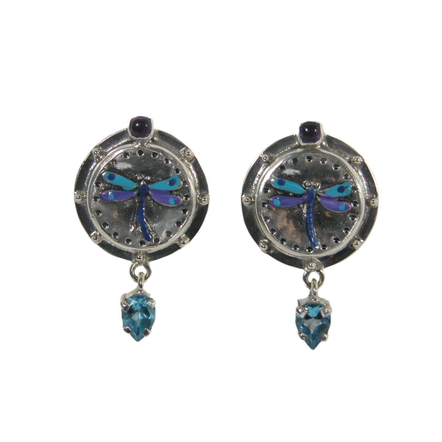 32891 Amethyst and Blue Topaz Hand Enameled Dragonfly Dangle Sterling Silver Earrings