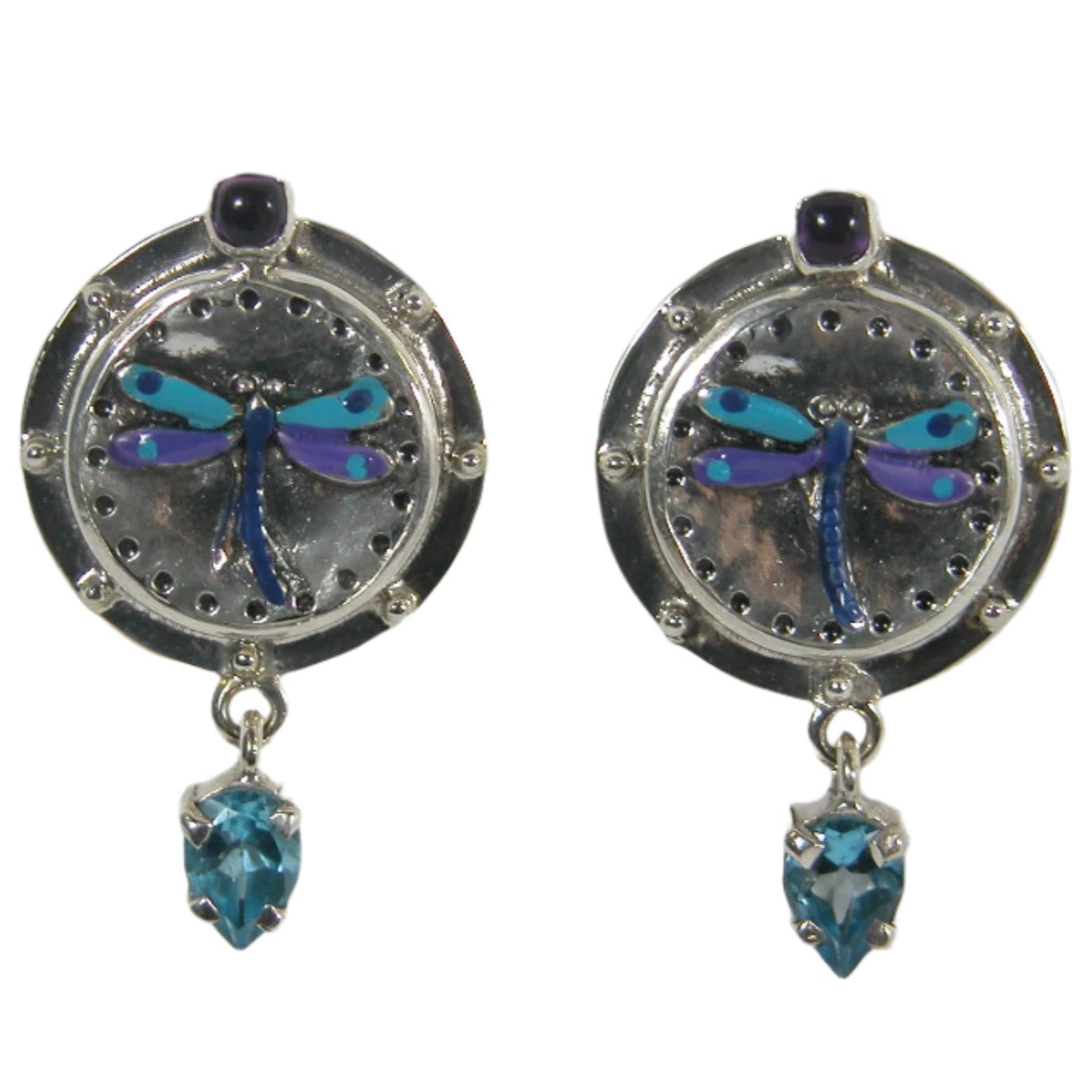 32891 Amethyst and Blue Topaz Hand Enameled Dragonfly Dangle Sterling Silver Earrings