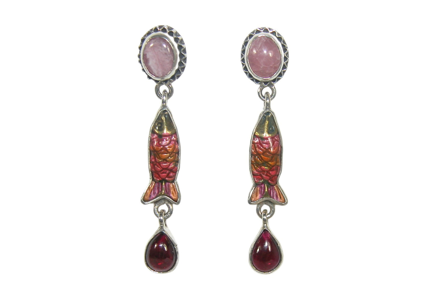 32921A Hand Enamel Fish Rhodochrosite, Garnet Sterling Silver Earrings