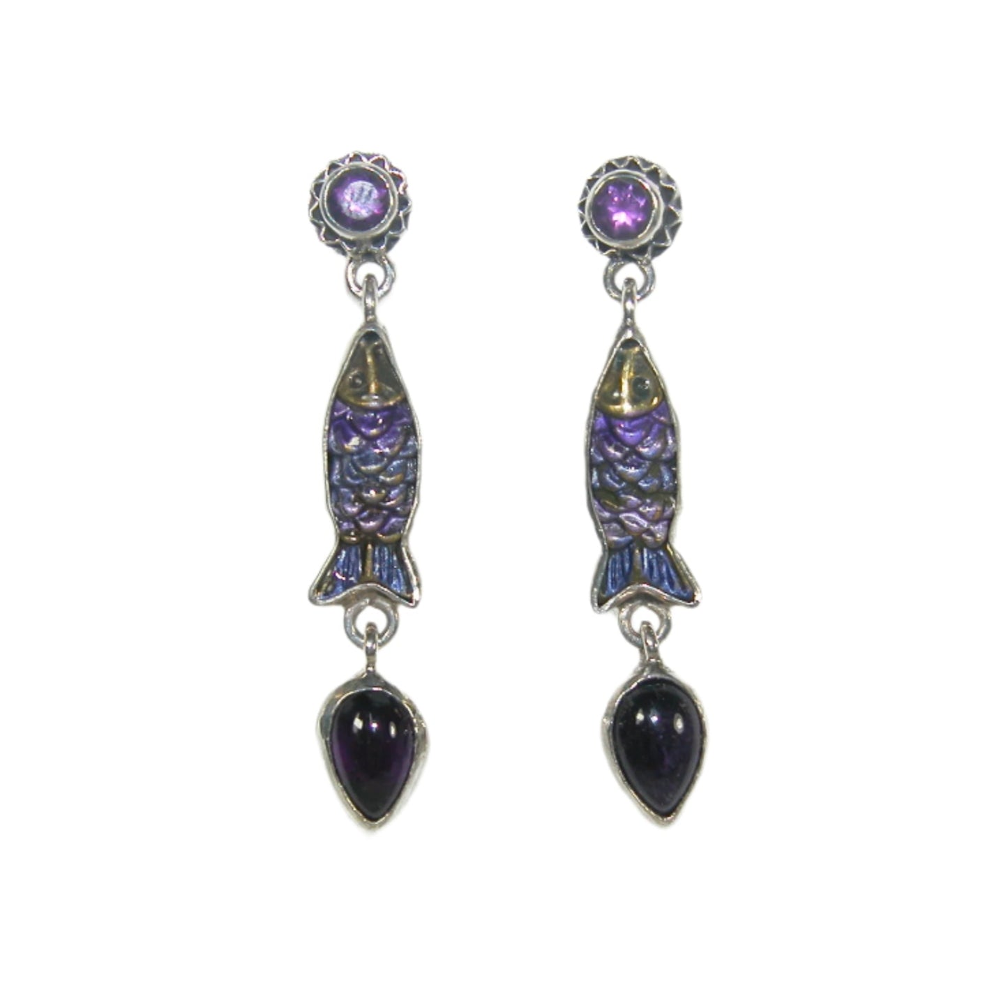 32921B Amethyst Fish Sterling Silver Drop Earrings