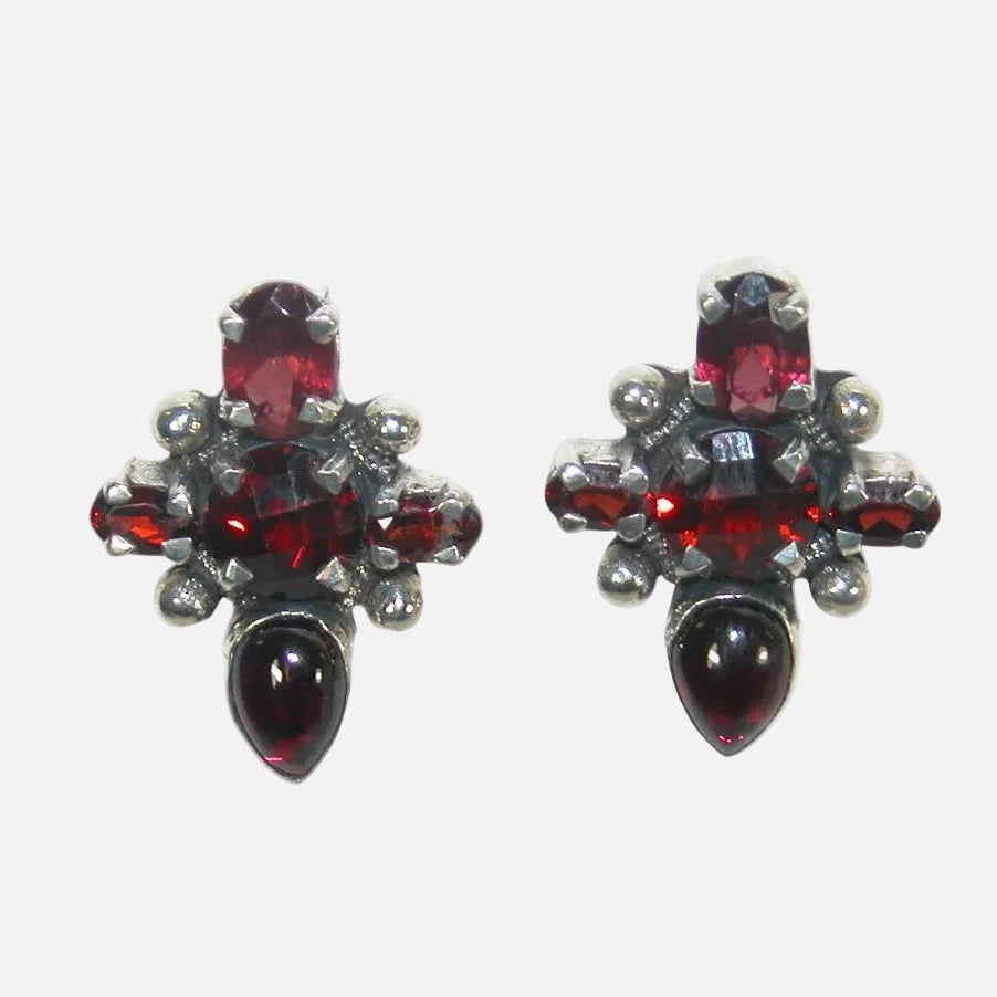 32929D Garnet Cluster, Sterling Silver Earrings