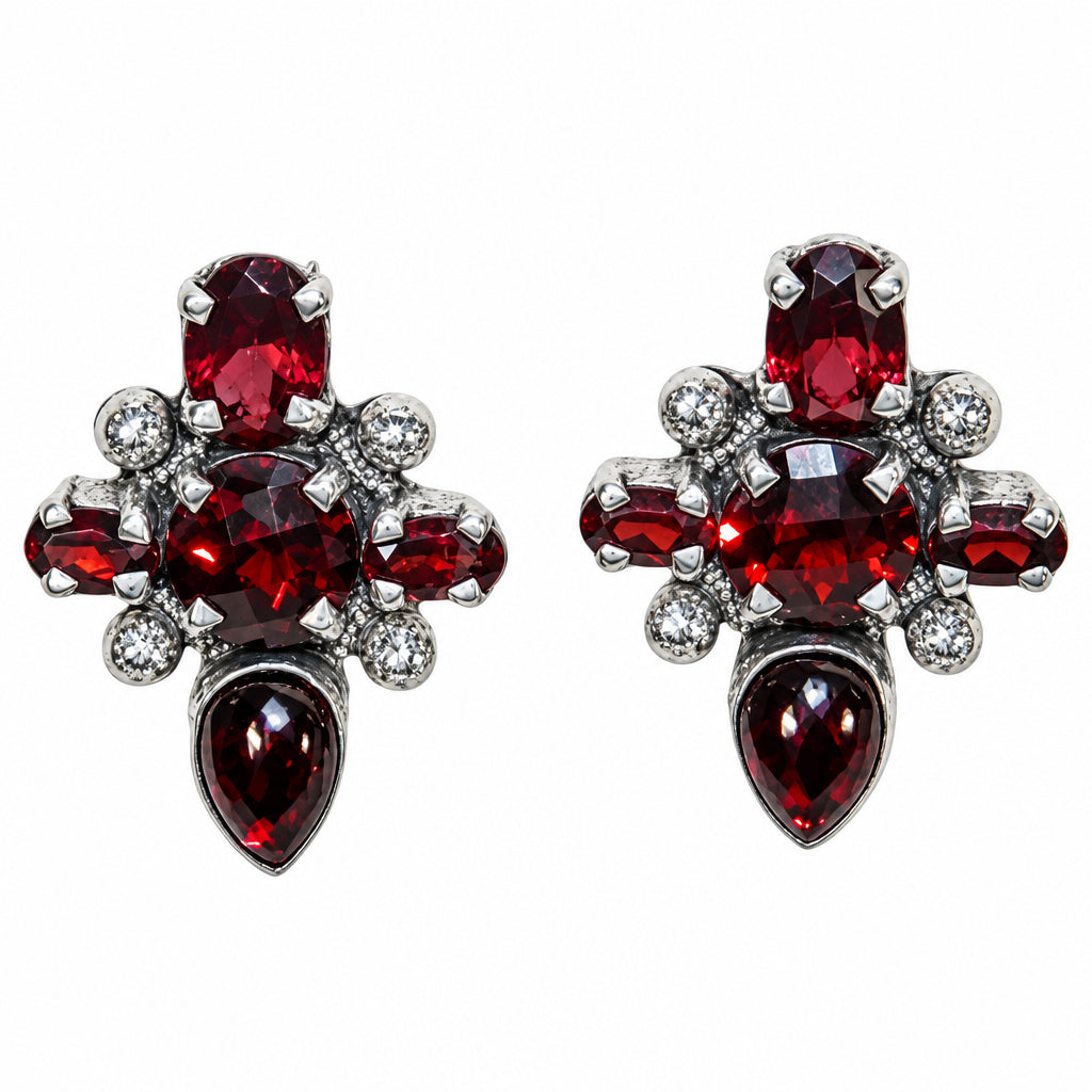 32929D Garnet Cluster, Sterling Silver Earrings