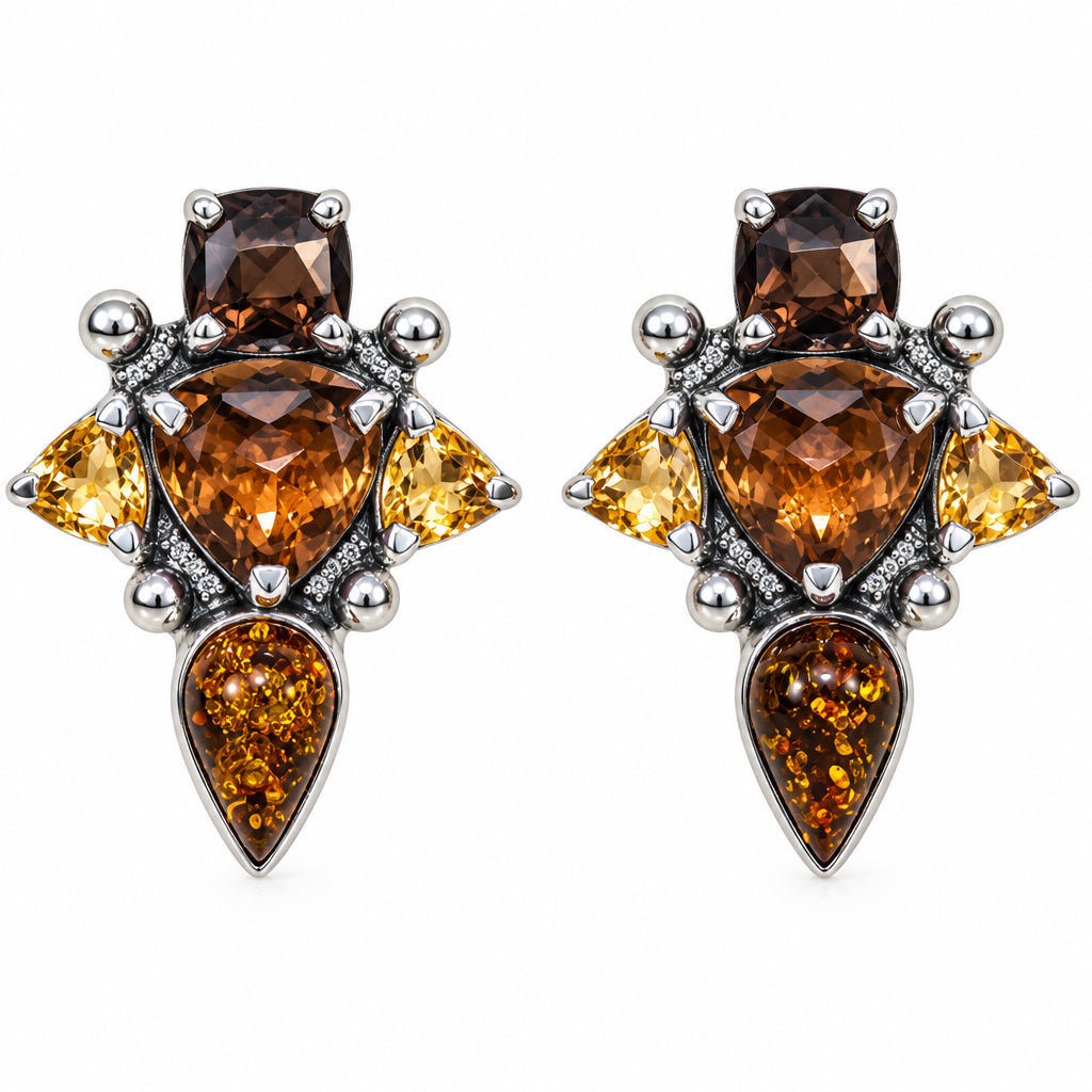 32929G Cognac Topaz, Baltic Amber, Smoky Quartz, Citrine Sterling Silver Earrings