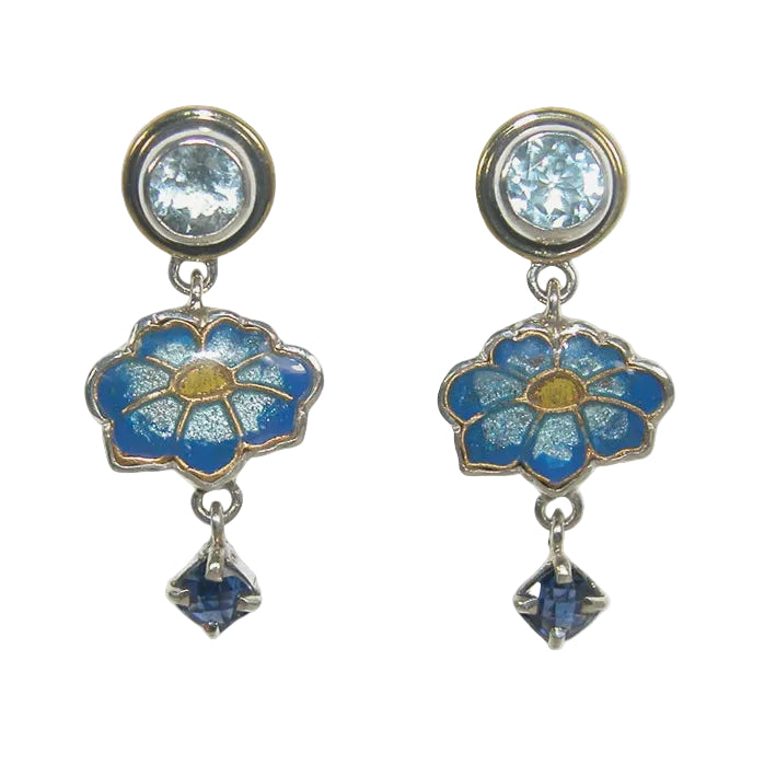 32930A Blue Topaz, Celestial Quartz, Enameled Flower Earrings
