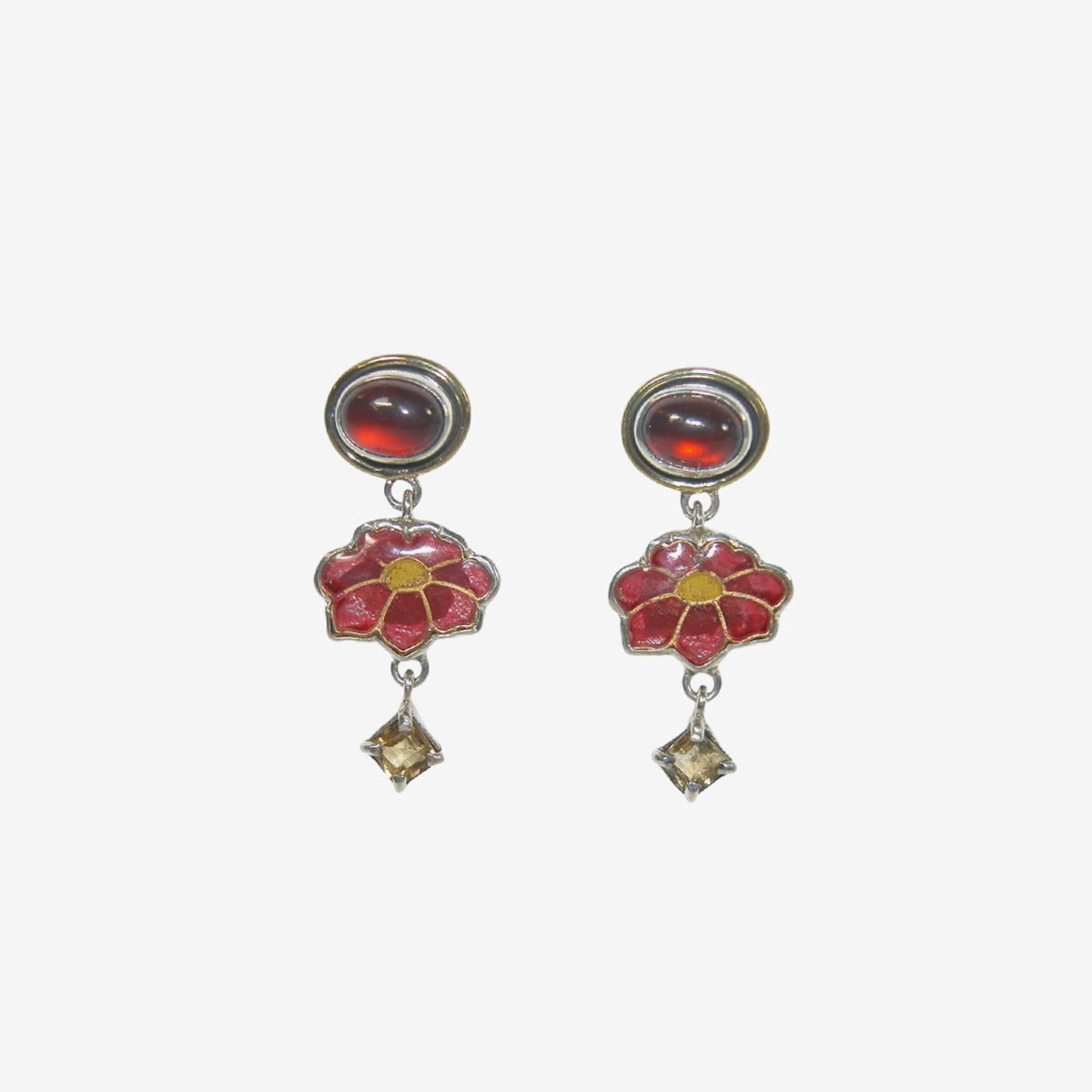 32930B Garnet, Citrine, Enameled Flower Earrings
