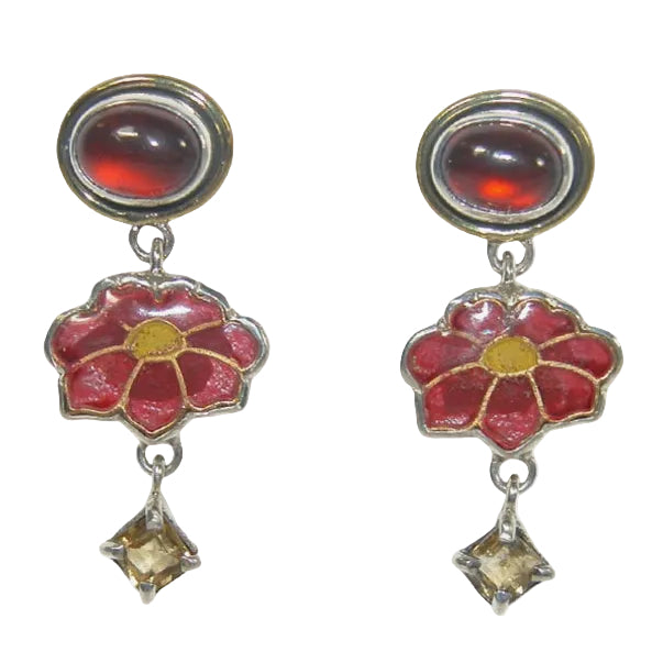 32930B Garnet, Citrine, Enameled Flower Earrings