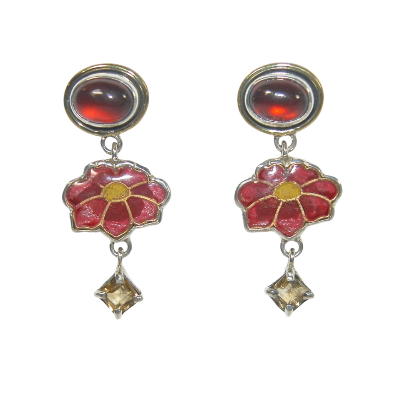 32930B Garnet, Citrine Enamel Flower Sterling Silver Dangle Earrings