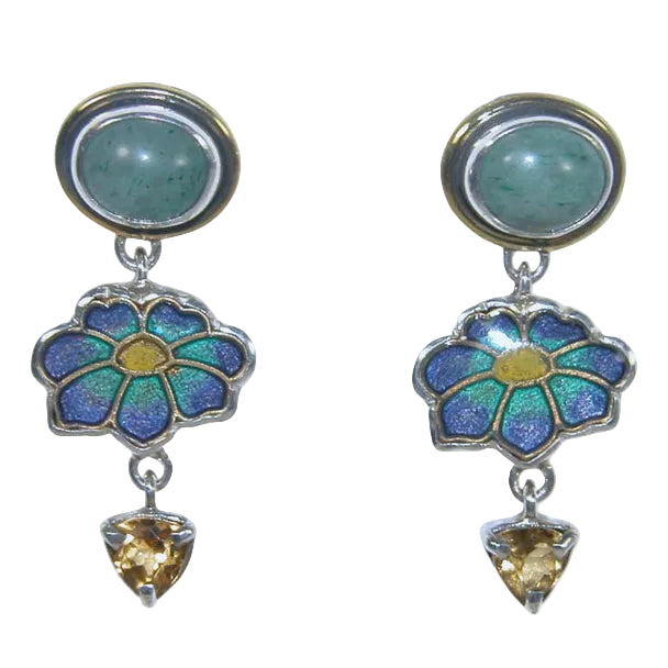 32930D Aventurine, Citrine, Enameled Flower Earrings
