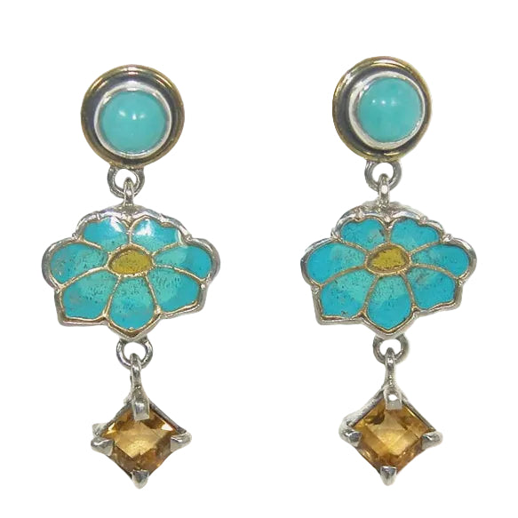 32930E Turquoise, Citrine, Enameled Flower Earrings