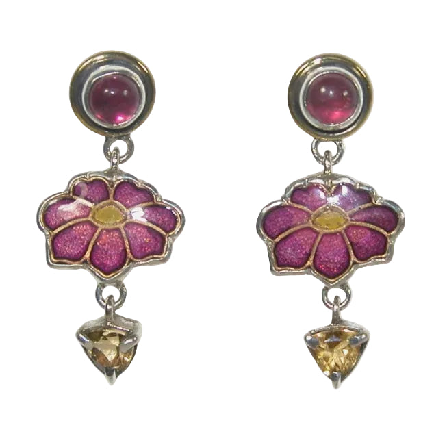 32930F Amethyst, Citrine, Enameled Flower Earrings