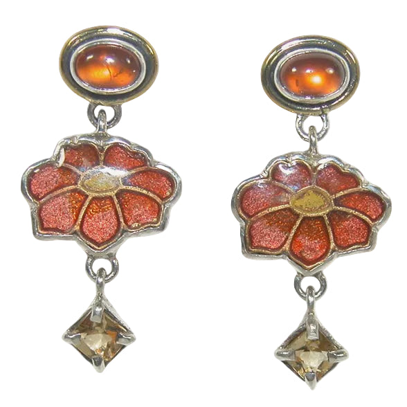 32930G Hessonite, Citrine, Enameled Flower Earrings