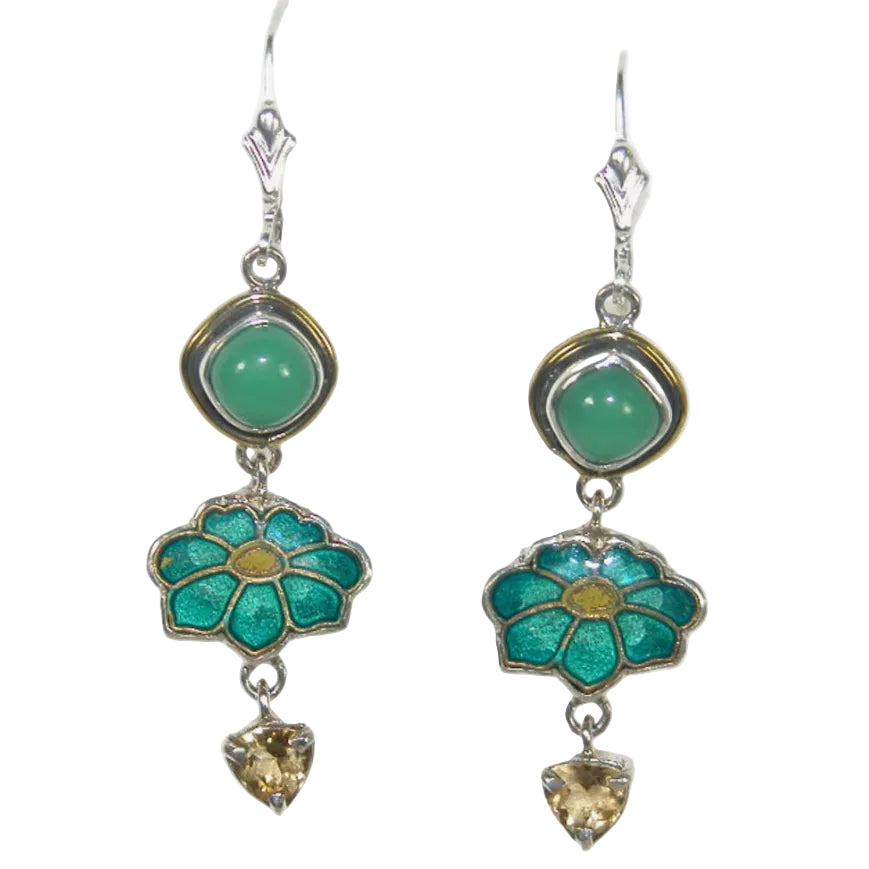 32930I Jade, Citrine, Enameled Flower Earrings