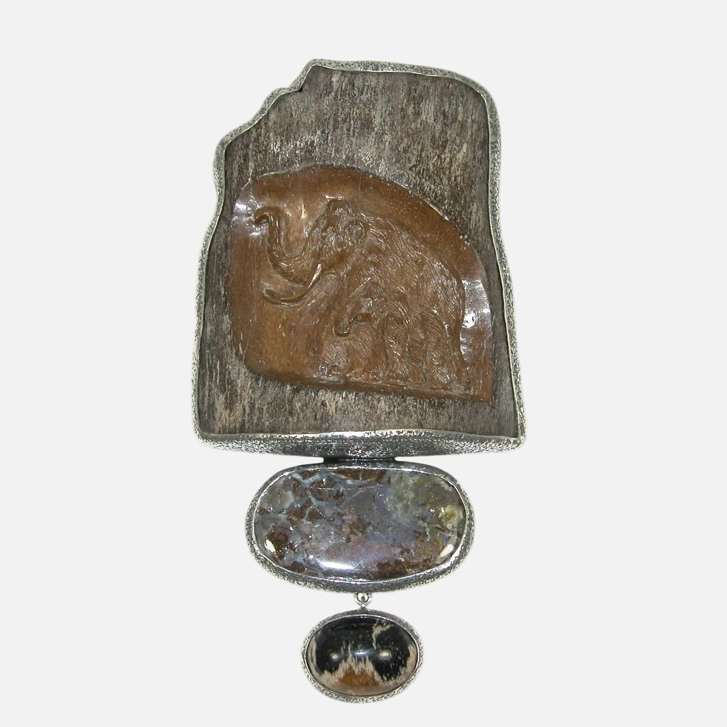 32943 Wood Carved Elephant, Boulder Opal Sterling Silver Pin and Pendant