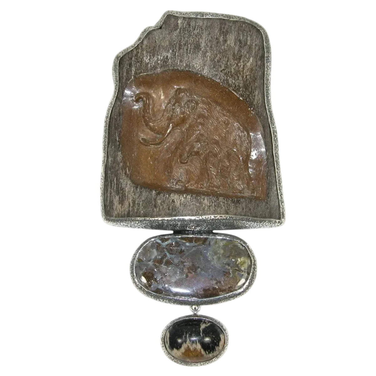 32943 Hand Carved Fossil Elephant, Boulder Opal, Agate Sterling Silver Pin and Pendant